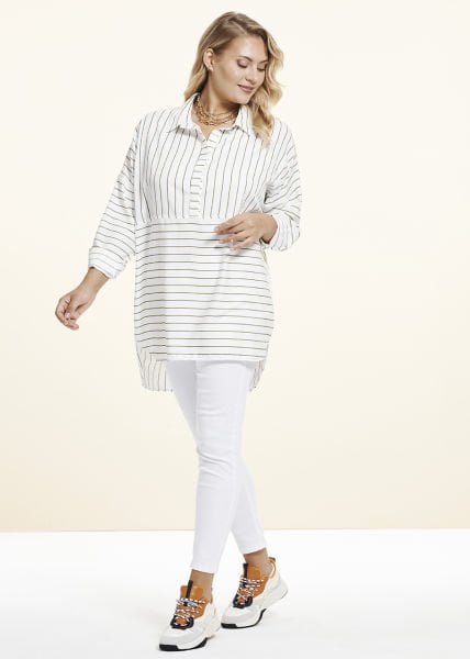 Beyaz Yeşil Çizgili Viskon Büyük Beden Tunik