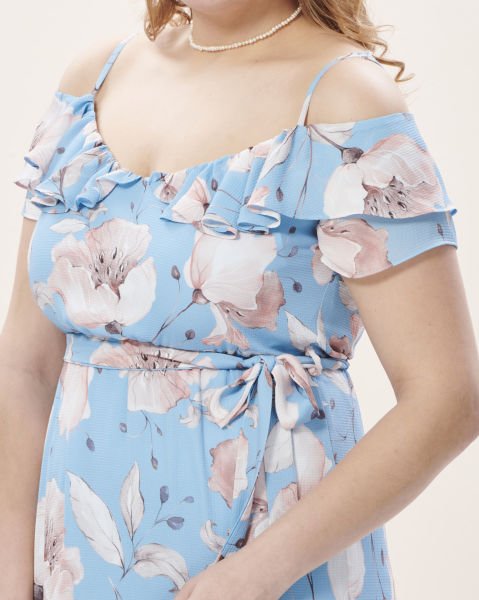 Mavi Çiçekli Krep Büyük Beden Elbise