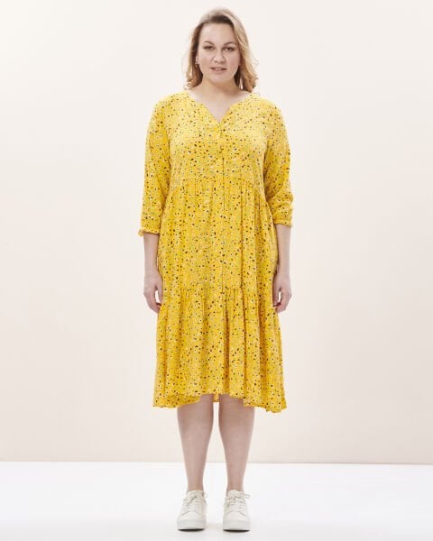 Sarı Çiçekli Viskon Büyük Beden Elbise