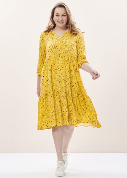 Sarı Çiçekli Viskon Büyük Beden Elbise