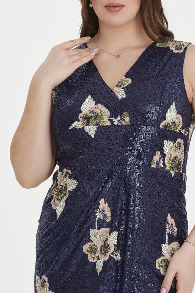 Lacivert Çiçek Desenli Payetli Kruvaze Büyük Beden Abiye Elbise