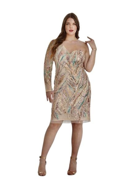 Tek Omuz Tül Renkli Payet İşlemeli Büyük Beden Abiye Elbise