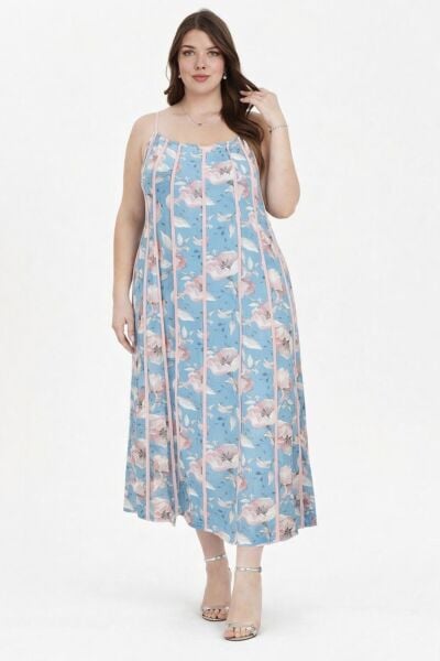 Mavi Çiçekli Krep Askılı Büyük Beden Elbise