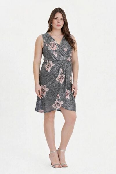 Gri Çiçek Desenli Payetli Kruvaze Büyük Beden Abiye Elbise