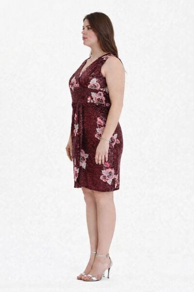 Bordo Çiçek Desenli Payetli Kruvaze Büyük Beden Abiye Elbise