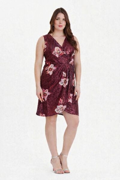 Bordo Çiçek Desenli Payetli Kruvaze Büyük Beden Abiye Elbise