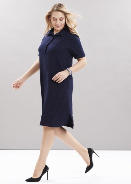 Lacivert Beyaz Çizgili Büyük Beden Gömlek Elbise