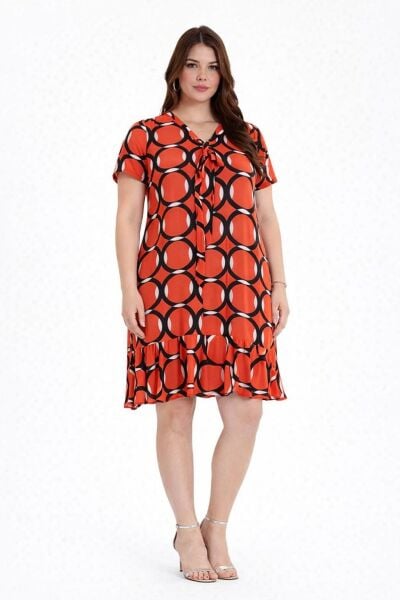 Turuncu Geometrik Desenli Büyük Beden Elbise