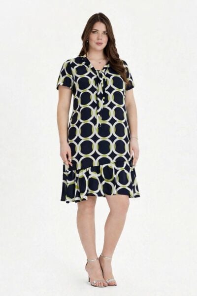 Yeşil Geometrik Desenli Büyük Beden Elbise