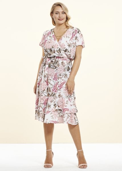 Kruvaze Çiçekli Krep Büyük Beden Elbise