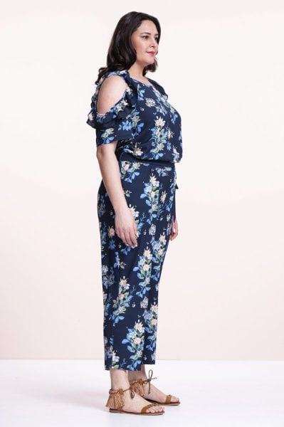 Lacivert Çiçekli Krep Büyük Beden Tulum