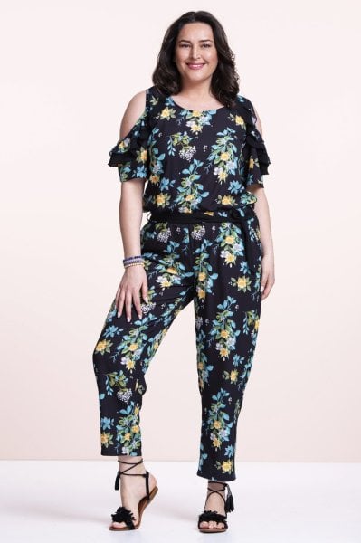 Siyah Çiçekli Krep Büyük Beden Tulum