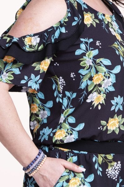 Siyah Çiçekli Krep Büyük Beden Tulum